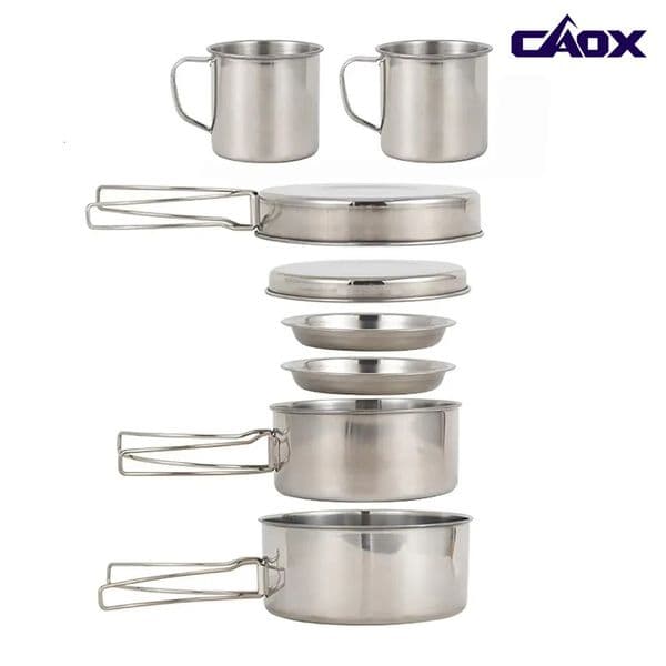CAOX 8pcsSet Camping Cookware Mess Kit Stainless Steel Cooking Pot and Pan Set with Plates Cups for Outdoor Hiking Backpacking 260408