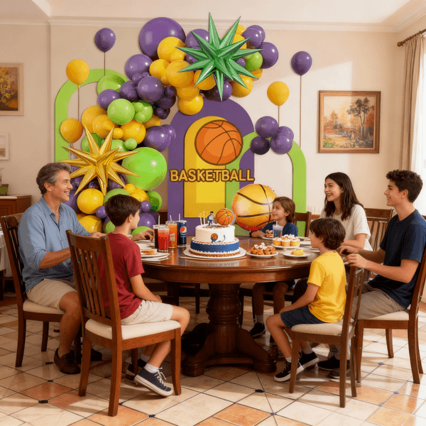 97-Piece Basketball Style Balloon Garland, Purple Yellow & Green Party Latex Balloons, Kids Birthday Theme Decoration Supplies