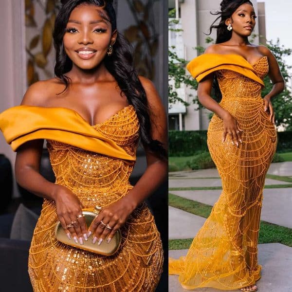 Gold Mermaid Prom Dress Illusion Sequined Lace Evening Formal Party Second Reception 50th Birthday Engagement Gowns Dresses Robe De Soiree