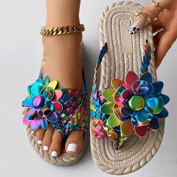 Womens Fashion Trend Flip Flops Slippers Woman Flat Vacation Holiday Braided Floral Pattern Open Toe Sandals Shoes Size 43260407