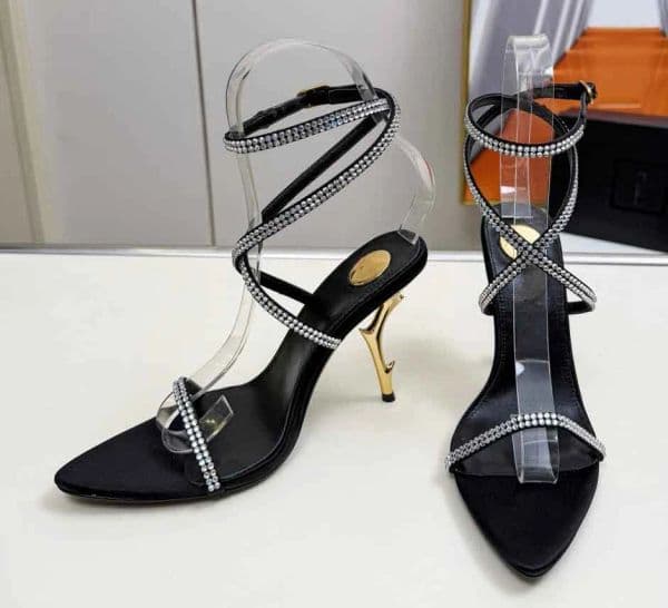 Top Quality Brand Sandals Women Crystal High Heels Satin Ankle Buckle Luxury Designer Wedding Shoes Casual Open Toe Party Sandal