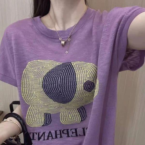 Summer Womens Tshirt worsted Wool Knit Solid Color Pullover Short Sleeved Tops Casual Fashion Round Neck Embroidery Tees 260325