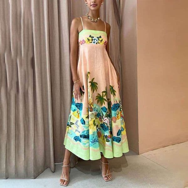 Summer Elegant Beach Style Printed High-Waisted Flared Strap Dress For Women LEEGO LENS