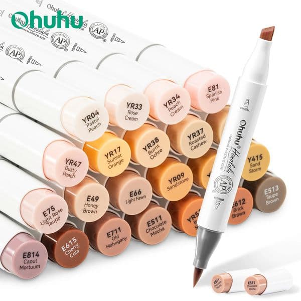 Ohuhu Honolulu 24 Skin Colors Marker Pen Set Alcohol Art Markers Refillable Dual Tips Sketching Drawing School Art Supplies 260407BJ