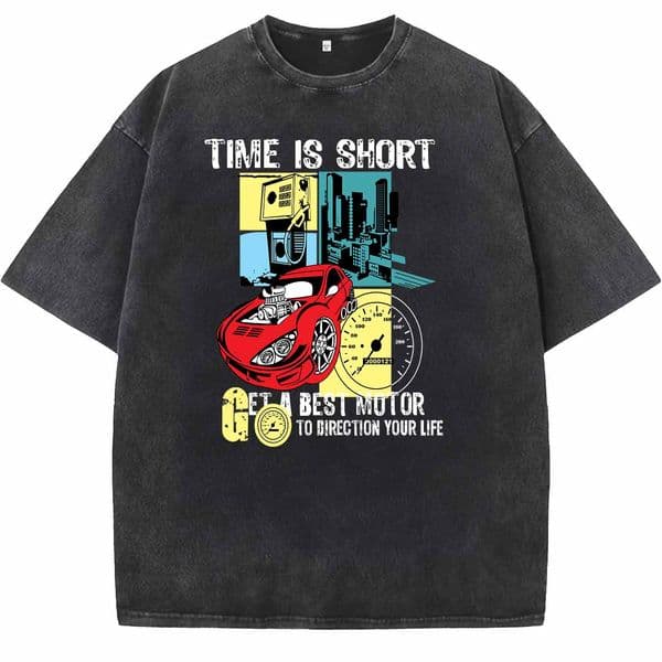 Vintage Washed Oversized Sports Car Graphic T-Shirt, Men's Retro Time Is Short Streetwear Tee