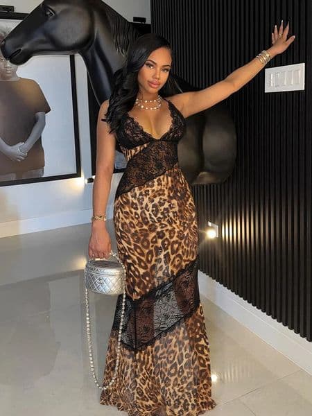 Weird Puss Mesh Patchwork Mermaid Dress Women Leopard Print Sexy Low-Neck Cleavage Backless Ruched Midnight Fashion Long Bodycon 260407