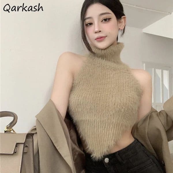 Sexy Tanks Women Knitted Chic Backless Turtleneck Short Sleeveless Off Shoulder Streetwear Corrugated Edge Female 260407