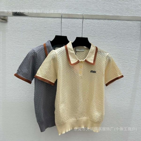 Designer womens shirts Early Spring New Style Color-Blocked Lapel Hollow-Out Knitted Short-Sleeve Shirt a100
