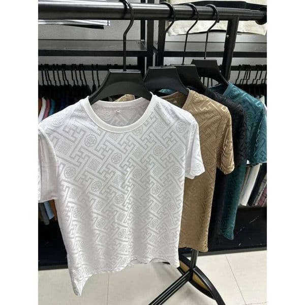 Summer Ice Silk Men's New Short Sleeve Thin Crew Neck T-Shirt Casual Cool Breathable Designer Fashion Jacquard Clothes