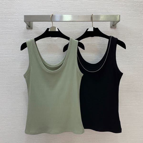 G26040816 2026 new slim-fit U-neck rope-knotted cotton base top with adjustable straps - available in front and back! Green, black, khaki, and beige colors.