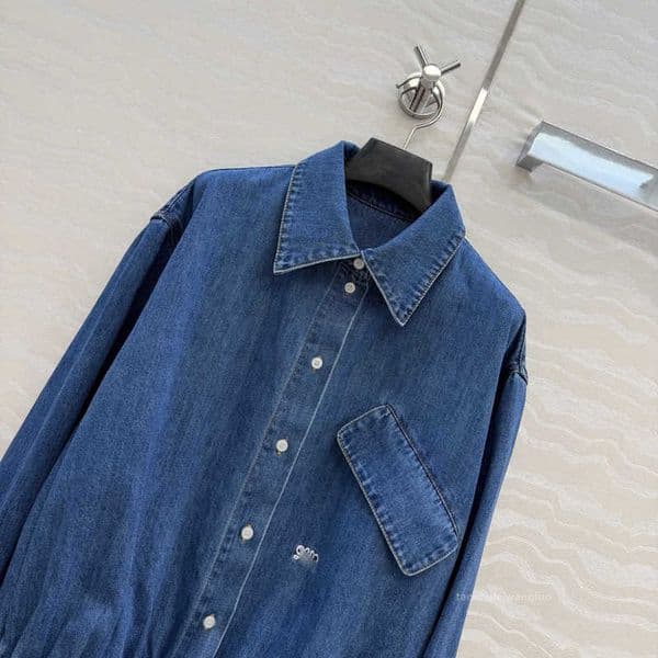 Women's Jackets Designer Blue Denim Jacket with Waist-Cinching Drawstring Design Turn-Down Collar Long Sleeve Cardigan 4RM2