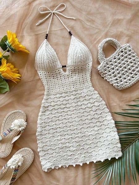 Womens Slim Fit V-Neck Hollow out Strapless Dress Gradient Color Knitted with Wooden Beads Sexy Dress for Vacation Wear 260407
