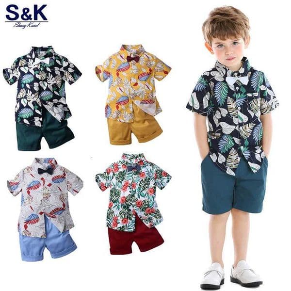 Boys Clothes Sets Infant Kids Floral Print Short Sleeve Shirt Bowtie ShirtShorts Baby Gentleman Suits Summer Hawaiian Outfit C260408