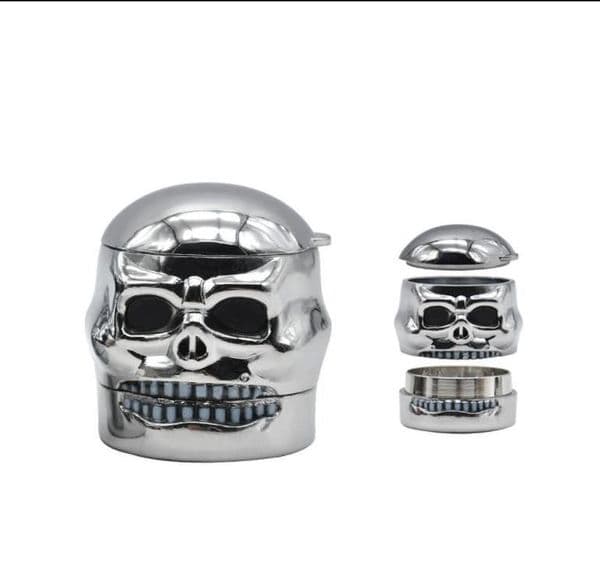 3 layer detachable smoke grinder, skull, metal teeth, cigarete grinding machine, ghost and cigarette mill.