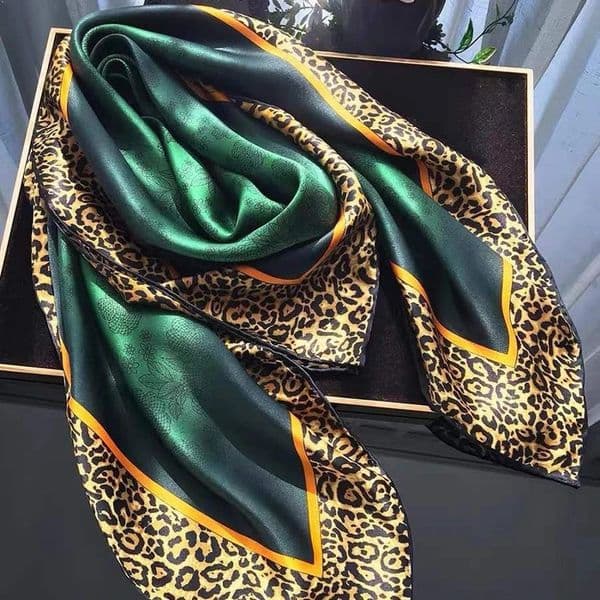 BYSIFA Emerald Green Silk Scarf Women Leopard Printed Square Scarves 9090cm Fashion Accessories Headscarves Hijabs 260407