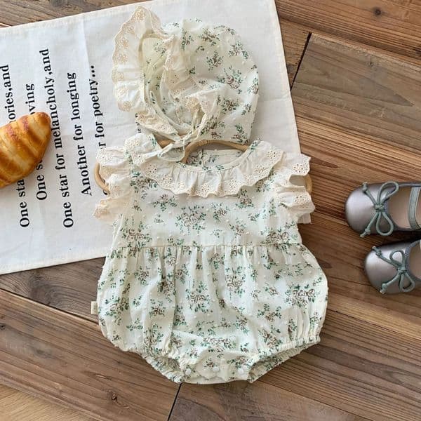 In Cute Flower Ruched Fly Sleeve Bodysuits for born Baby Girls 98 Cotton Gift Hat Kids Infant Princess Onepieces 024M 260407BY