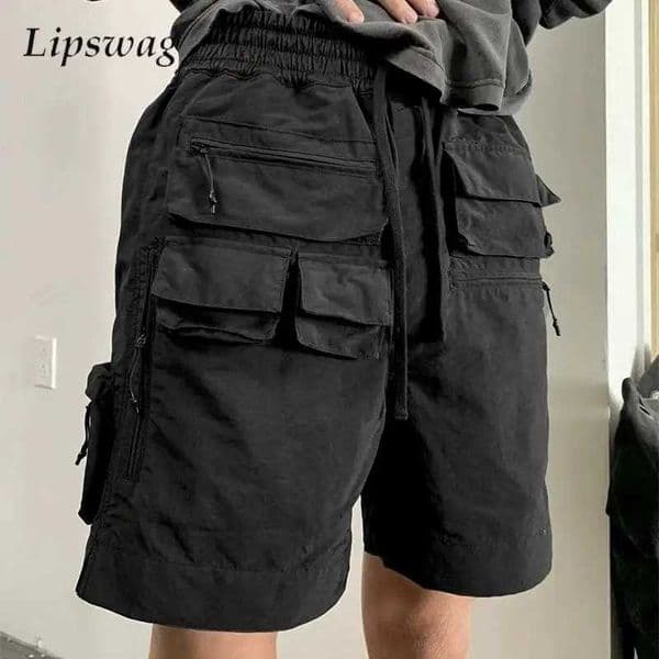 Trendy Mens Mutli Pockets Cargo Shorts Summer Vintage Drawstring Tie-up Loose Shorts Y2K Fashion Men Solid Color Straight Shorts L260407