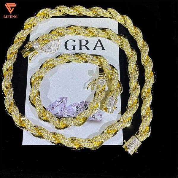 Fine Jewelry 925 Silver Gold Plated 10MM Rope Chain Hip Hop Moissanite Men Chain Necklace Pass Diamond Tester