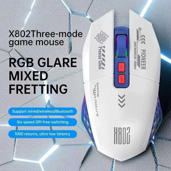 X802 Wireless Mouse Bluetooth 24G 3 Mode Mecha RGB Gaming Mouse 6 Level DPI Switch 1000Hz Polling Rate Ergonomic Design S2647