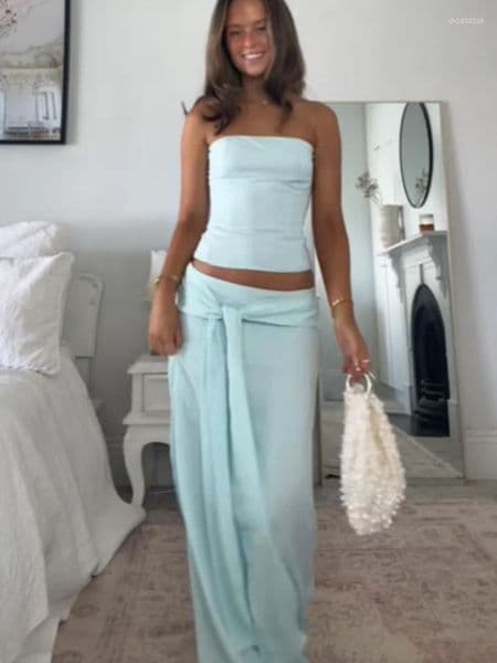 Casual Dresses Solid Thin Skirts Set For Women Lace Up Strapless Tight Top Low Waist Straight Skirt 2026 Summer Vacation Party Lady Outfit