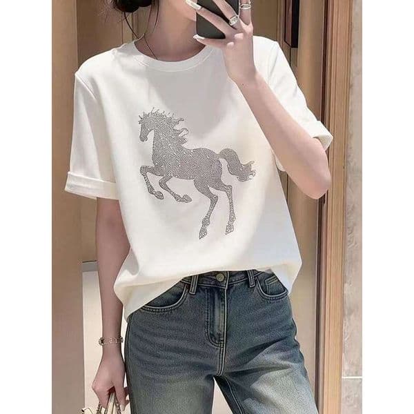 Korean-Style Heavy-Duty Rhinestone Pony Short-Sleeve T-Shirt For Women Spring/Summer American-Style Base Shirt Casual Commuting Top Versatile
