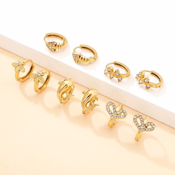 bestseller 18K gold-plated geometric heart and butterfly earring set, titanium steel hypoallergenic light luxury earrings for women