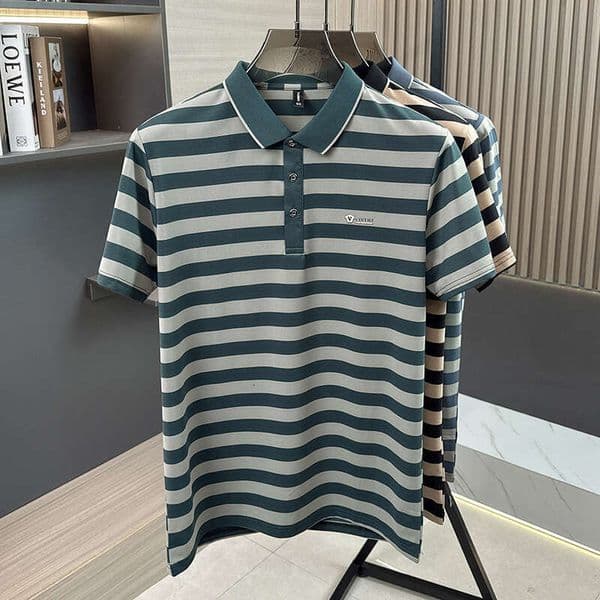 2026 Summer New Men's Middle-Aged Striped Turn-Down Collar Pocket Fashion Casual Short-Sleeve T-Shirt High-Quality Polo Shirt
