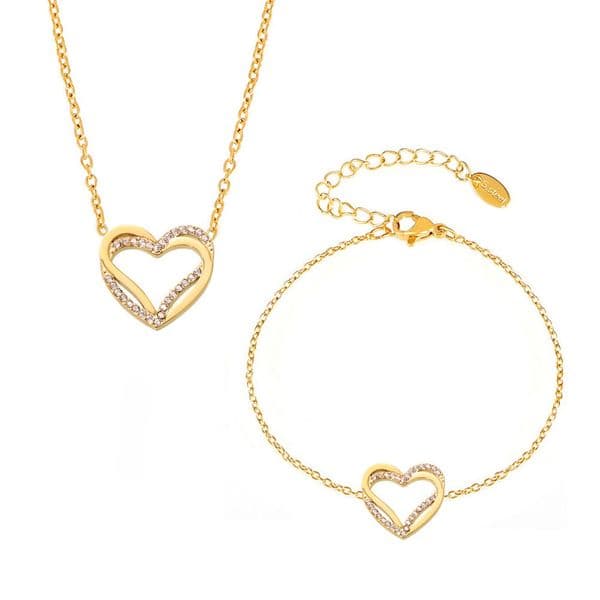 Heart Necklace Bracelet Jewelry Set 18k Gold Plated Tiny Heart Pendant Choker Necklaces CZ Crystal Necklace for Women Dainty Gold Jewelry Valentines Day Gifts