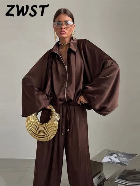 Casual Loose Pleated Shirt Pants Suit Women Solid Full Lantern Sleeve Zipper Shirts Wide Leg Trousers Fashion Street Set 260408