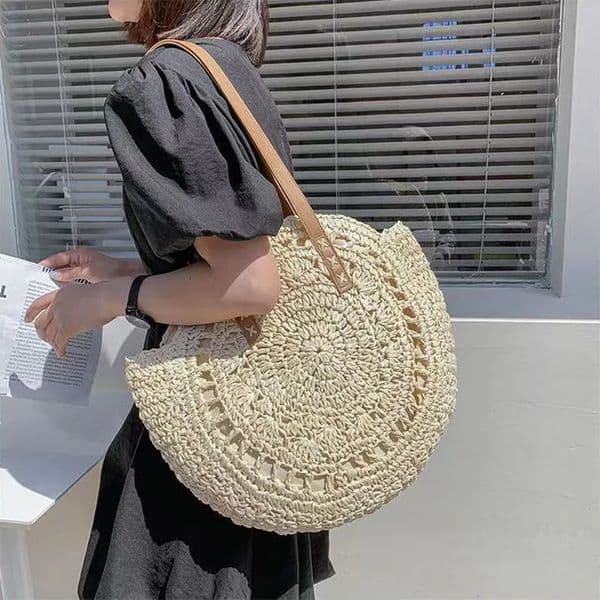 Round Straw Beach Bag Vintage Handmade Woven Shoulder Raffia Circle Rattan Bags Bohemian Summer Vacation Casual 260408BANJIA