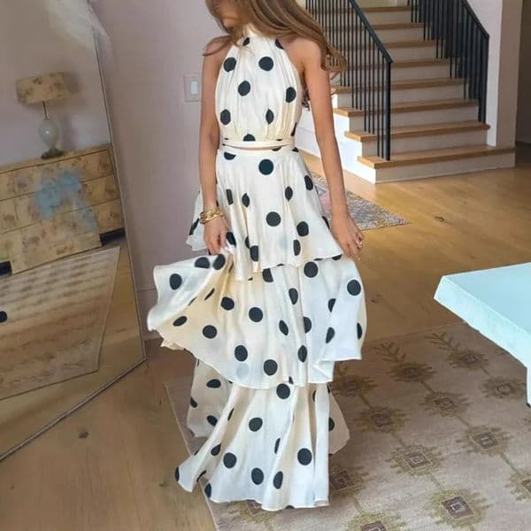 Tuularose Women Long Dress 2 Piece Elegant Polka Dot Sleeveless Top Ruffle Pleated Set y Party Sexy Female 260409