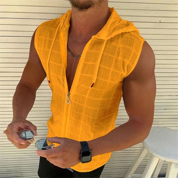 Short sleeved hooded zippered cardigan T-shirt for mens summer fashionable plaid sleeveless t-shirt for mens lapel top 260408