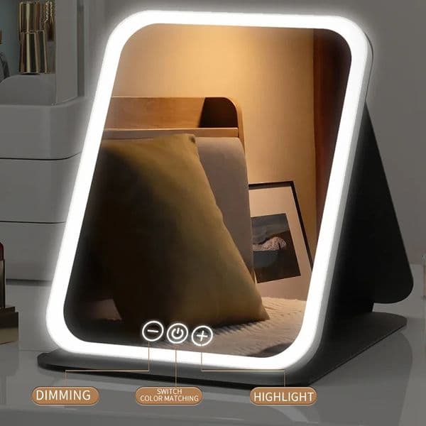 LED Dimmable Makeup Mirror 3 Colors Light Modes Adjust Brightness USB Charing Fold Mirror Tabletop Vanity Mirror for Travel Home 260409BJ