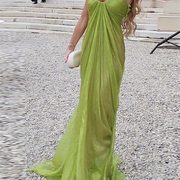 Green Pleated Party Gowns 2026 Summer Female Sexy Off Shoulder Sleeveless Backless Sling Dresses Womens Solid Long Dress 260408BJ