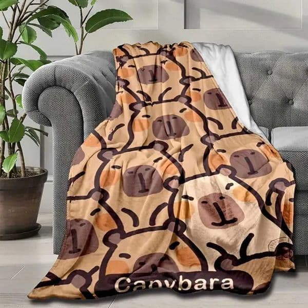 Luxury Designer Capybara Cartoon 3D Printed Flannel Blanket - Soft Lightweight Warm Champagne With Brown And Black Accents art | Tear-Resista Shipping 2