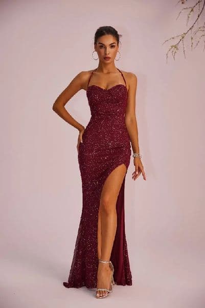 wine red sequin fabric evening dress with no sleeves tied straps high slit strapless style essential for parties 260408BJ