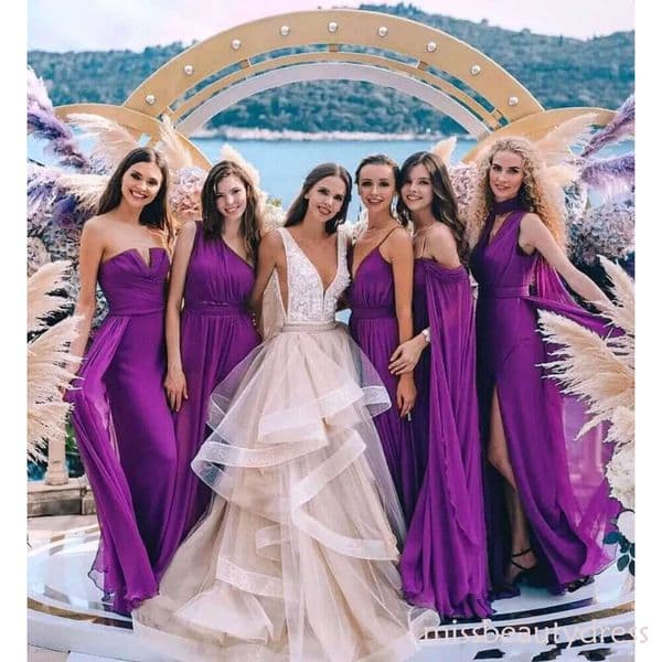 Purple New Cheap Chiffon Bridesmaid Dresses Beach Garden Summer Different Styles Long Side Split Wedding Guest Gowns Maid Of Honor Dress ZD10