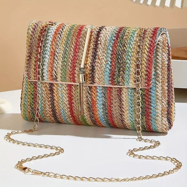 Chic Rainbow Stripe Straw Crossbody Bag for Women Adjustable Shoulder Strap Magnetic Clre Tassel Accent Fashion Square Purse 260408BANJIA