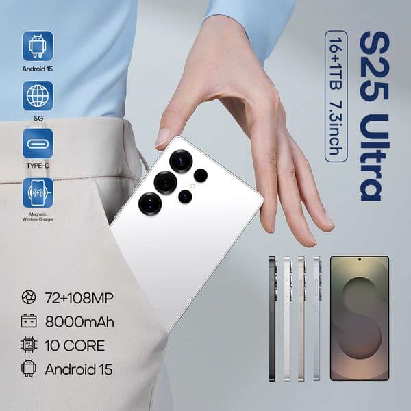 New S25Ultra Snapdragon 8 Gen3 10-core 7.3-inch perforated screen resolution 1440*3200 Original 5G smartphone 72MP+108MP battery 8000mAh Android 15.0 OTG fast