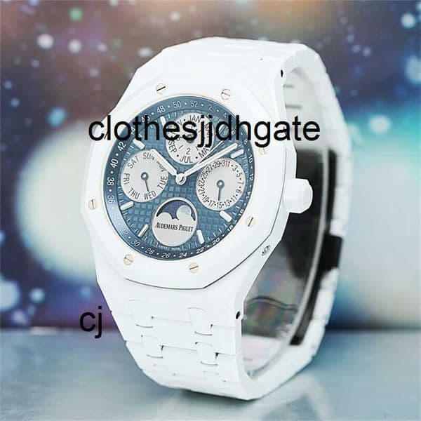 Mens Swiss Luxury Watches RoyalOak Collection 41mm Mens White Ceramic Perpetual Calendar Watch 26579 Automatic Mechanical Watch qtcjgoods