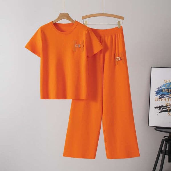European Fashion Knitted Suit For Women, New Summer Short-Sleeve Casual Sports Wide-Leg Pants Two-Piece Set Trendy