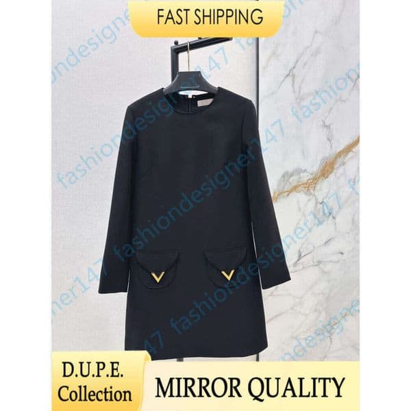 Designer Dresses Woman Elegant Long Sleeve Crew Neck A Line Shift Dress With Brand V Logo Pocket Decoration Business Casual 2026 Fall Winter Fashion Luxury