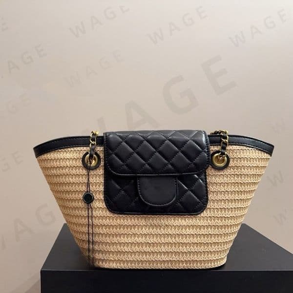 2026 Women's Straw Quilted Leather Tote Bag - Chain Strap, Contrast Design, Stylish Lightweight, Soft Lining, Premium Material, Ideal for Summer/Daily/Leisure Matching-4
