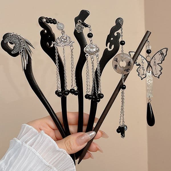 Vintage Black Ebony Hair Stick for Women, New Chinese Style, Elegant Tassel Hair Ornament, Cheongsam Updo Hair Pin