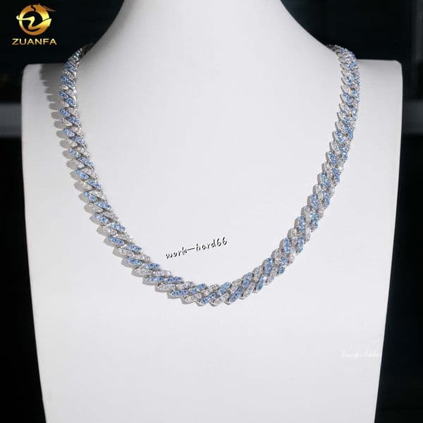 Fine 10MM S925 Silver Hip Hop Iced Out VVS Aqua Blue Mix White Color Moissanite Diamond Round Cut Cuban Link Chain Mens Necklace
