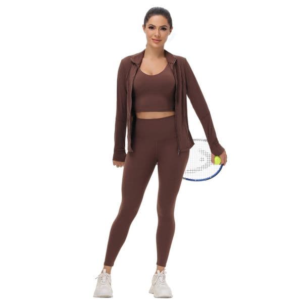 Women's 3 Piece Yoga Set---Long Sleeve Zip Up Jacket + Crop Tank Top + High Waist Leggings Workout Athletic Gym Sportswear for Running Fitness Tennis