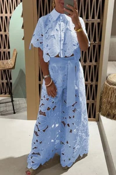 Women 2Pcs Lace Outfit Embroidery Retro Hollow Temperament Suit Elegant Button Short Sleeved Blouse TopsTie-up Pants Set 260408