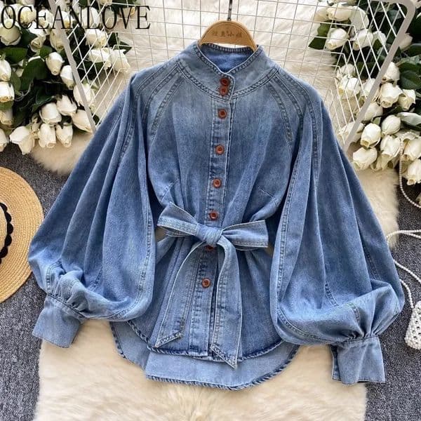 OCEANLOVE Denim Shirtsblouses Women Tops Autumn Winter Lantern Sleeve Retro Blusas Solid Stand Collar Bandage Chic Camisas 260409BJ