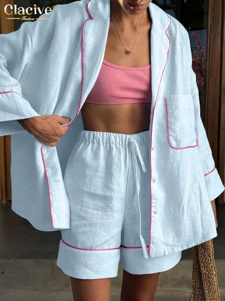 Clacive Fashion Loose Blue Cotton Home Womens Two Pieces Set Elegant Long Sleeve Shirt With High Waist Shorts Set Female 260408