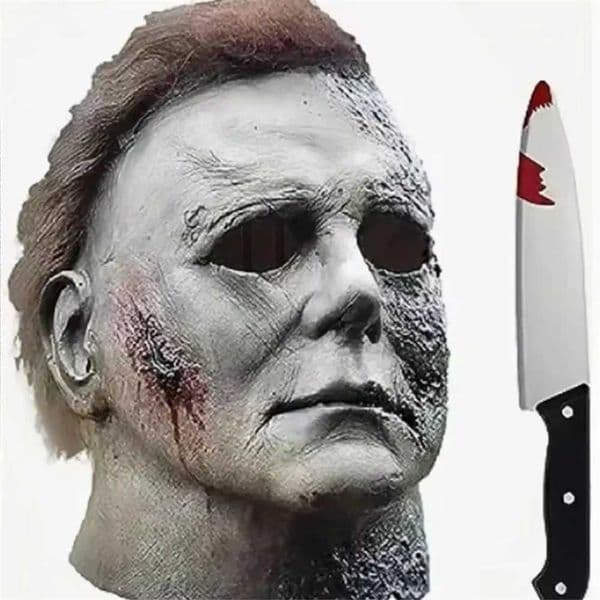 Halloween Michael Myers Mask Scary Killer Full Head Mask Creepy Fire Burn Scar Latex Face Mask Cosplay Costume Party Props Knife L26059